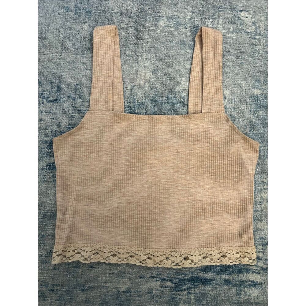 American Eagle Heathered Pink Square Neck Lace Hem Crop Top XS